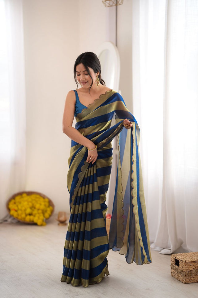 Blue Striped Woven Satin Saree (ACB2112)