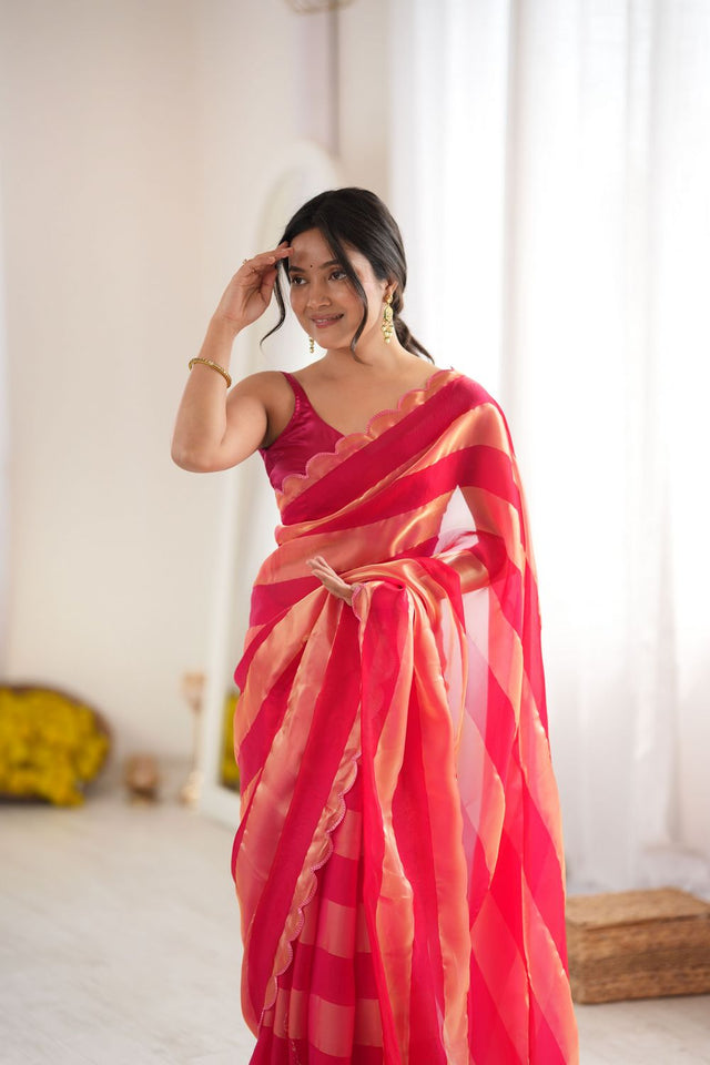 Red Striped Woven Satin Saree (ACB2113)
