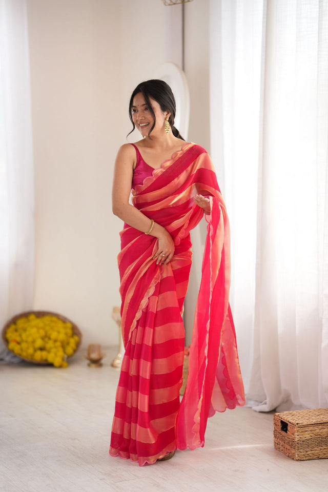Red Striped Woven Satin Saree (ACB2113)