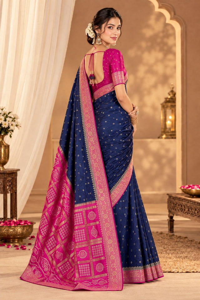 Blue Floral Printed Satin Silk Saree (ACB2115)
