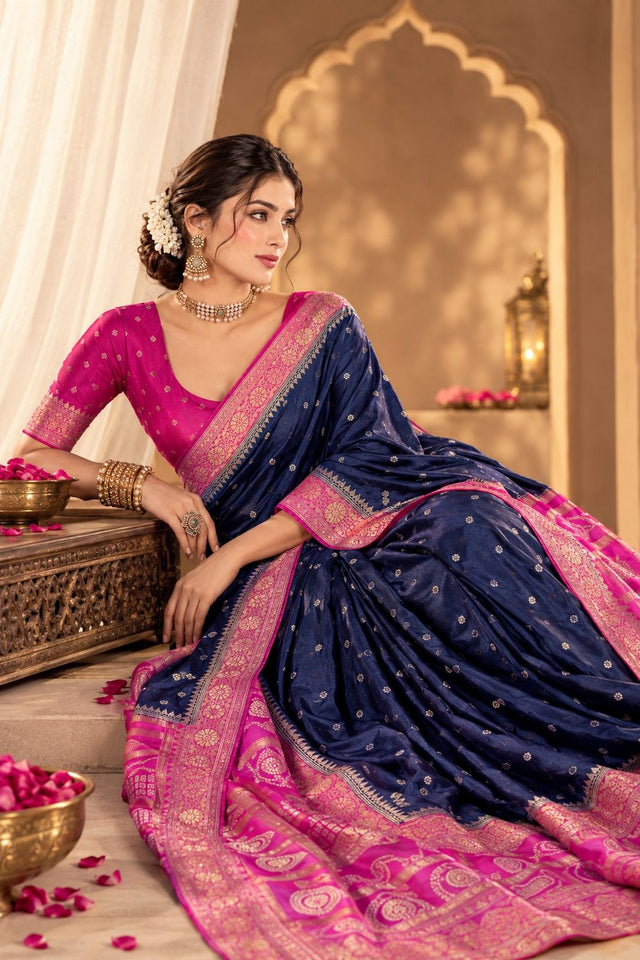 Blue Floral Printed Satin Silk Saree (ACB2115)