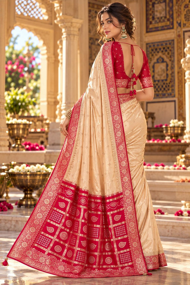 Cream Floral Printed Satin Silk Saree (ACB2116)