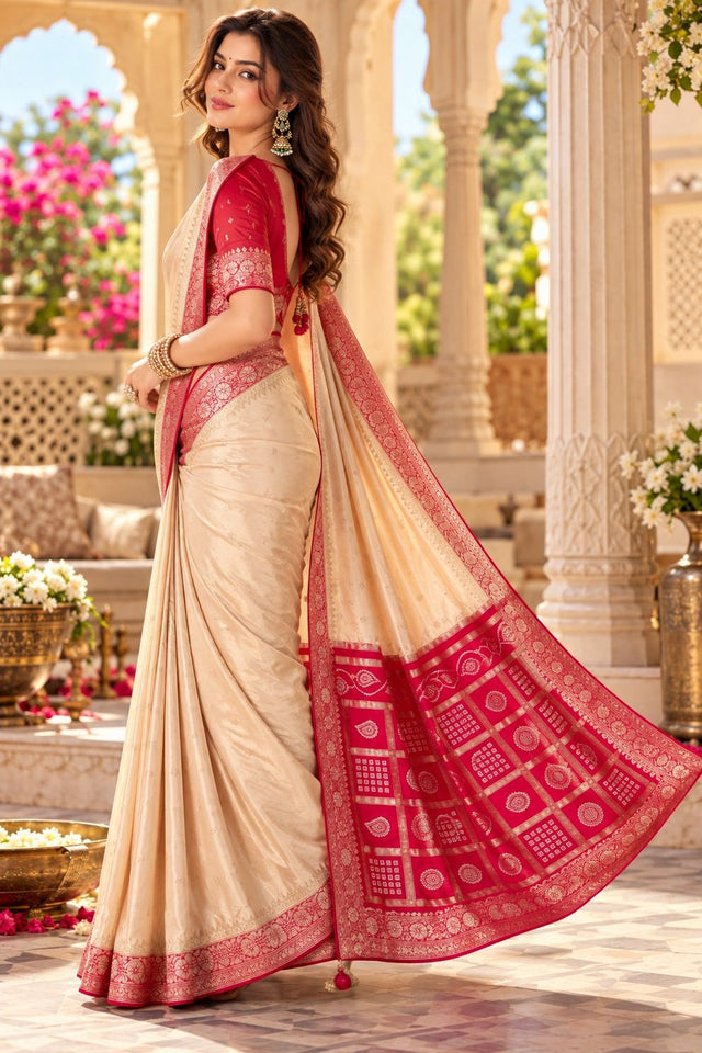 Cream Floral Printed Satin Silk Saree (ACB2116)