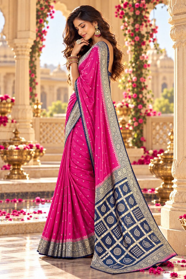 Pink Floral Printed Satin Silk Saree (ACB2117)
