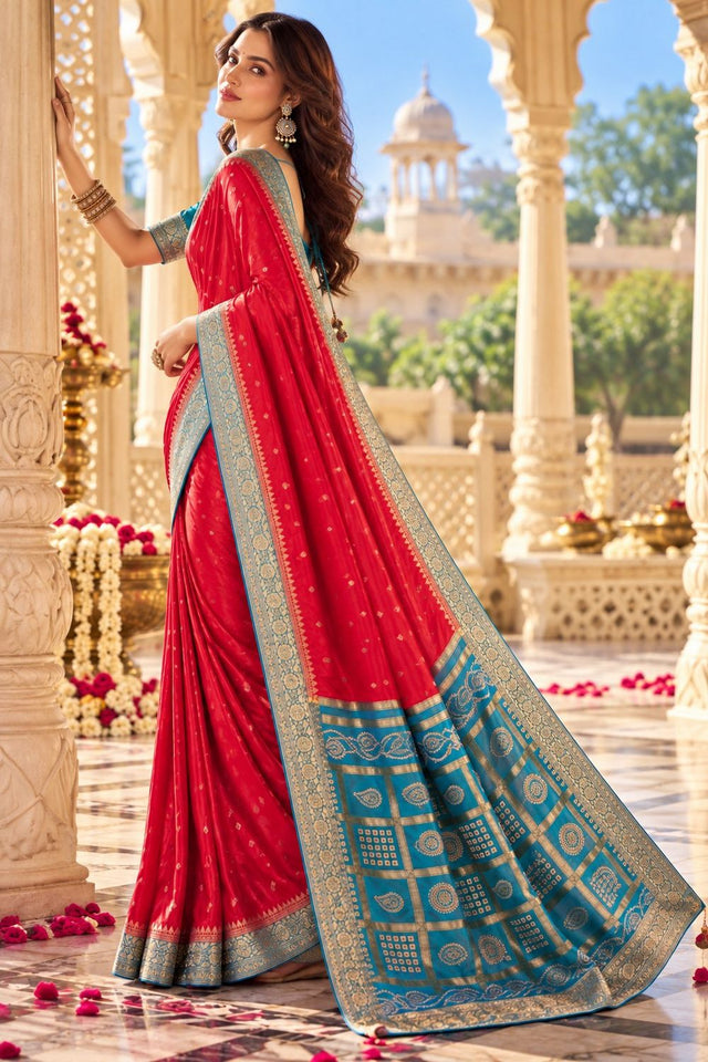 Red Floral Printed Satin Silk Saree (ACB2118)