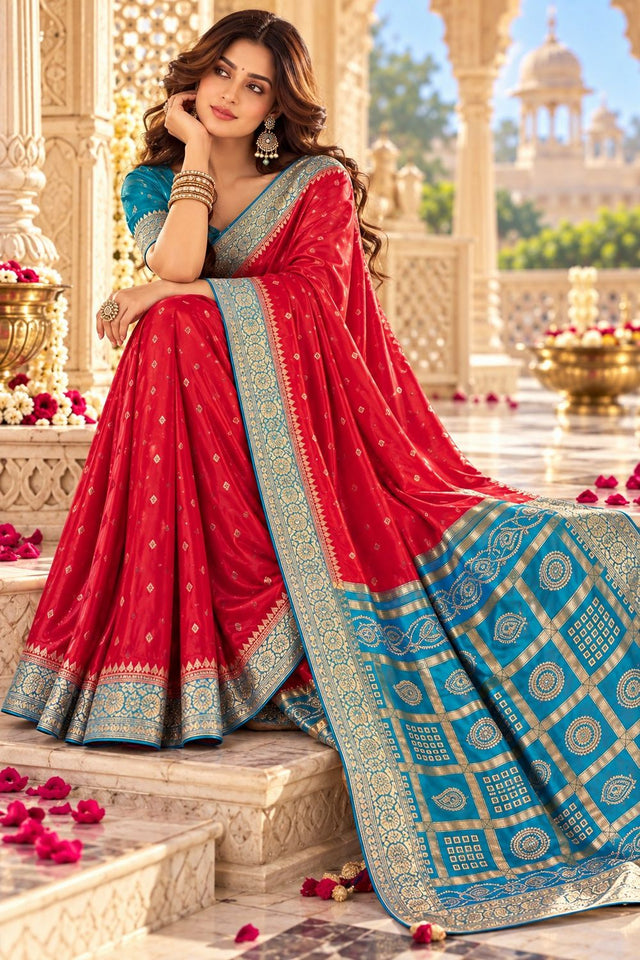 Red Floral Printed Satin Silk Saree (ACB2118)