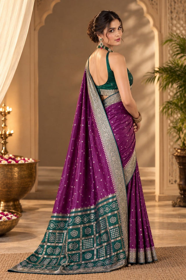 Wine Floral Printed Satin Silk Saree (ACB2119)