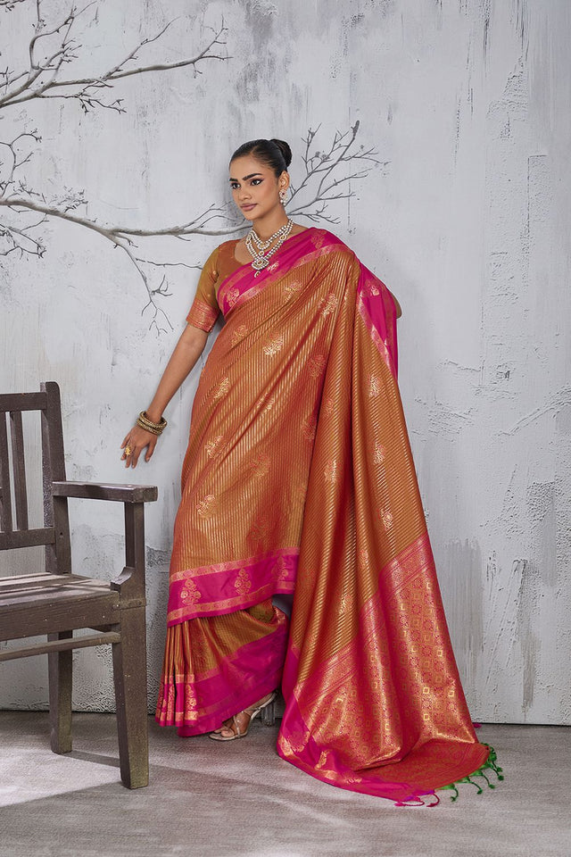 Rust Woven Silk Saree (ACB2124)