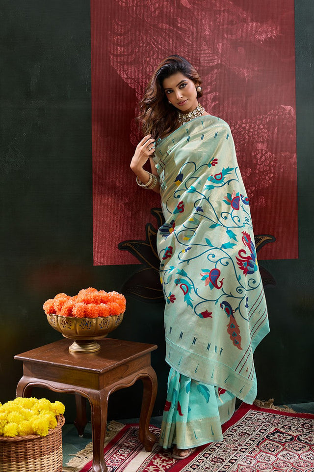 Sea Green Paithani Meenakari Woven Cotton Silk Saree (ACB2128)