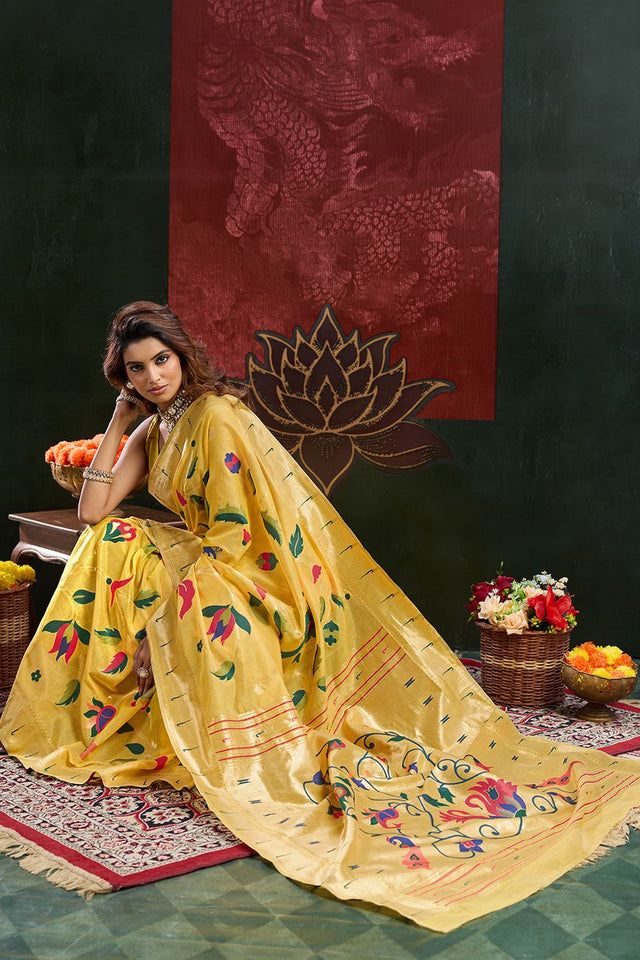 Yellow Paithani Meenakari Woven Cotton Silk Saree (ACB2130)