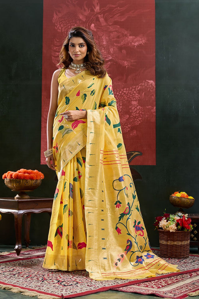 Yellow Paithani Meenakari Woven Cotton Silk Saree (ACB2130)