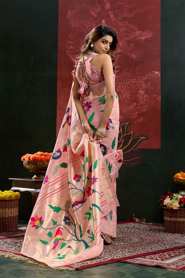 Peach Paithani Meenakari Woven Cotton Silk Saree (ACB2131)