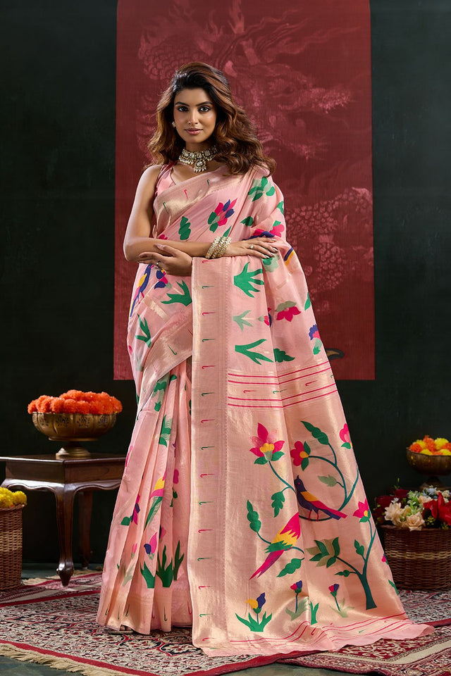 Peach Paithani Meenakari Woven Cotton Silk Saree (ACB2131)