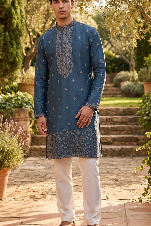 Mens Turquoise Embroidered Silk Kurta Pant Set (ACB2144)