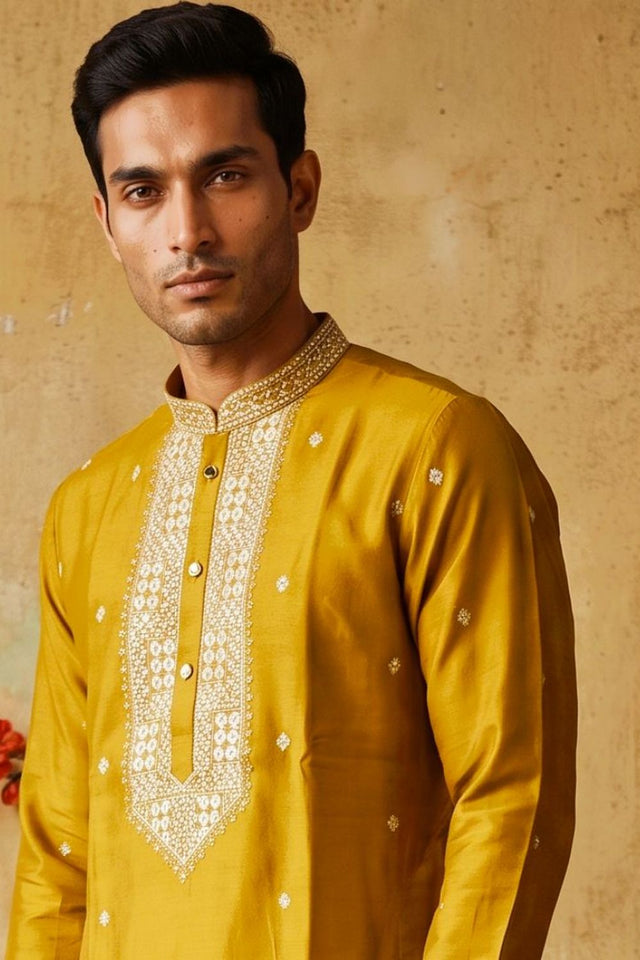 Mens Yellow Embroidered Silk Kurta Pant Set (ACB2146)