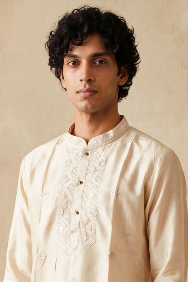 Mens Cream Embroidered Silk Kurta Pant Set (ACB2148)
