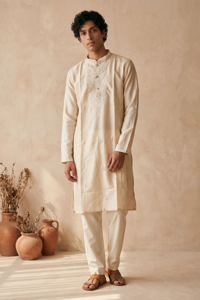 Mens Cream Embroidered Silk Kurta Pant Set (ACB2148)