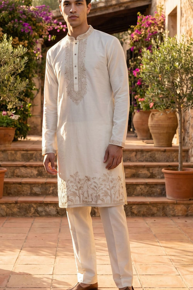 Mens White Embroidered Cotton Kurta Pant Set (ACB2151)