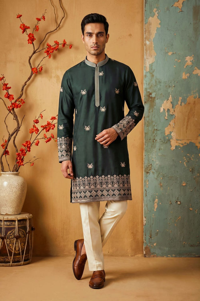 Mens Green Embroidered Silk Kurta Pant Set (ACB2154)