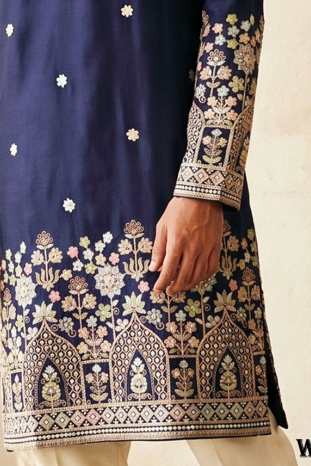 Mens Navy Blue Embroidered Silk Kurta Pant Set (ACB2158)
