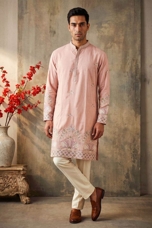 Mens Pink Embroidered Silk Kurta Pant Set (ACB2160)