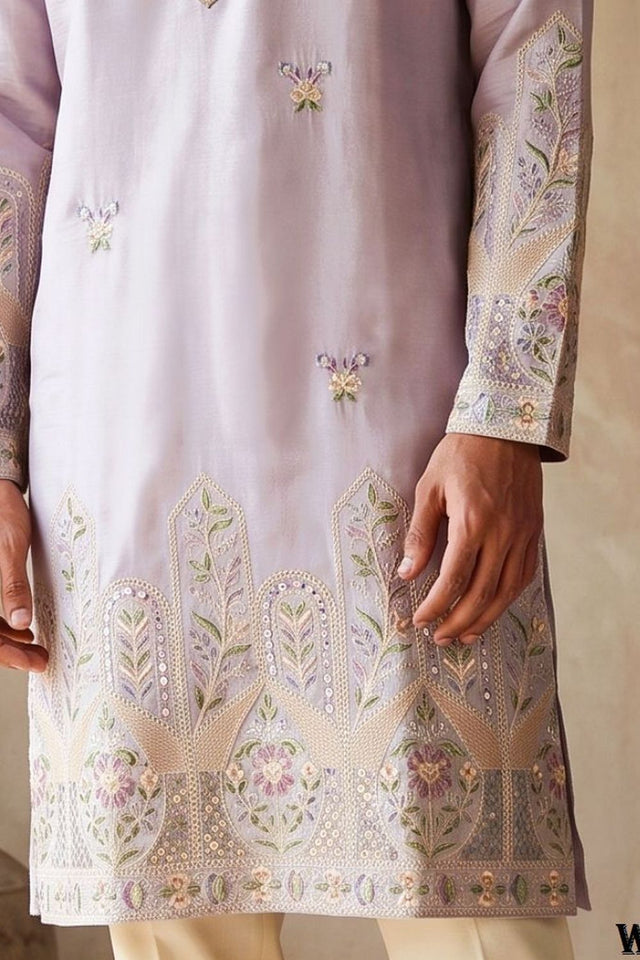 Mens Lavender Embroidered Silk Kurta Pant Set (ACB2161)