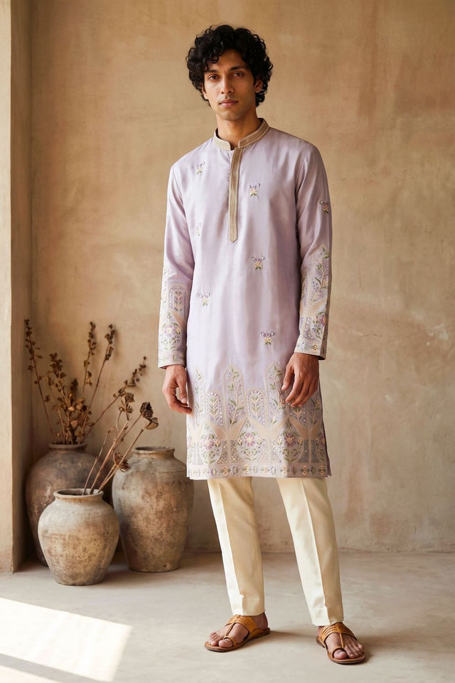 Mens Lavender Embroidered Silk Kurta Pant Set (ACB2161)