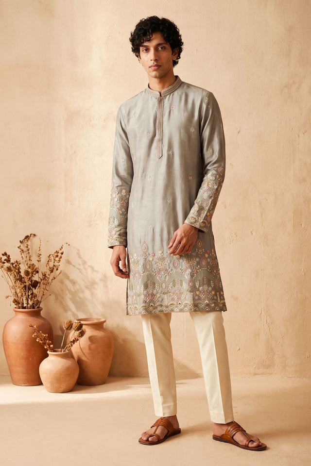 Mens Grey Embroidered Silk Kurta Pant Set (ACB2162)