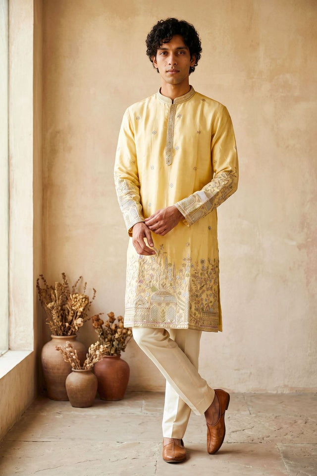 Mens Yellow Embroidered Silk Kurta Pant Set (ACB2163)