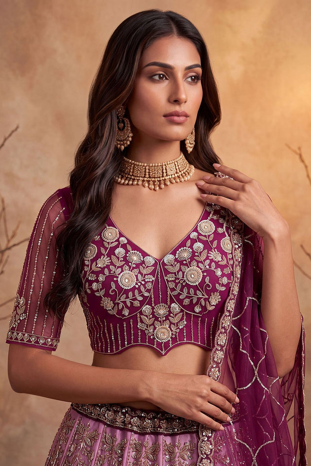 Wine Sequin with Embroidered Net Lehenga (ACB2165)