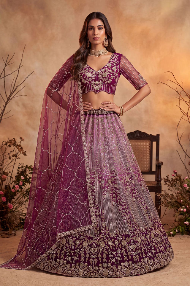 Wine Sequin with Embroidered Net Lehenga (ACB2165)