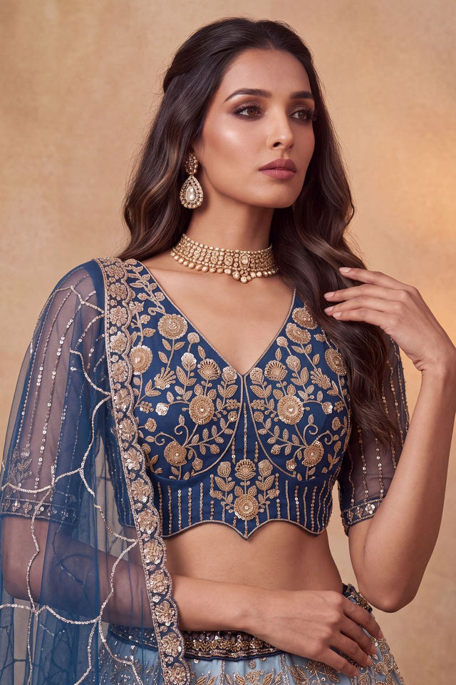 Turquoise Sequin with Embroidered Net Lehenga (ACB2166)