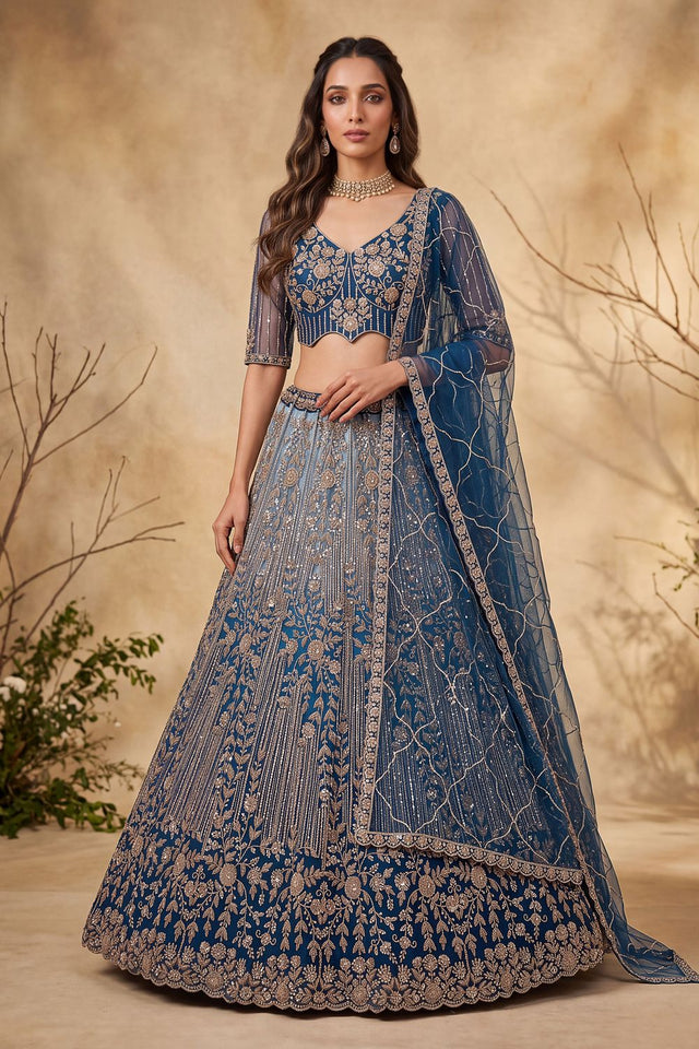 Turquoise Sequin with Embroidered Net Lehenga (ACB2166)