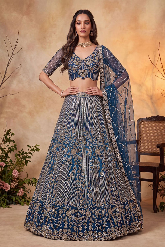 Turquoise Sequin with Embroidered Net Lehenga (ACB2166)