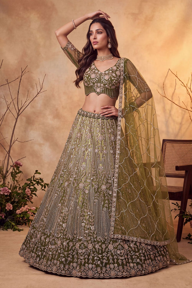 Green Sequin with Embroidered Net Lehenga (ACB2167)