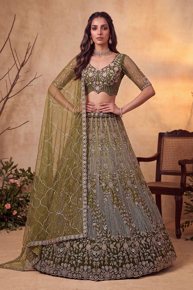 Green Sequin with Embroidered Net Lehenga (ACB2167)