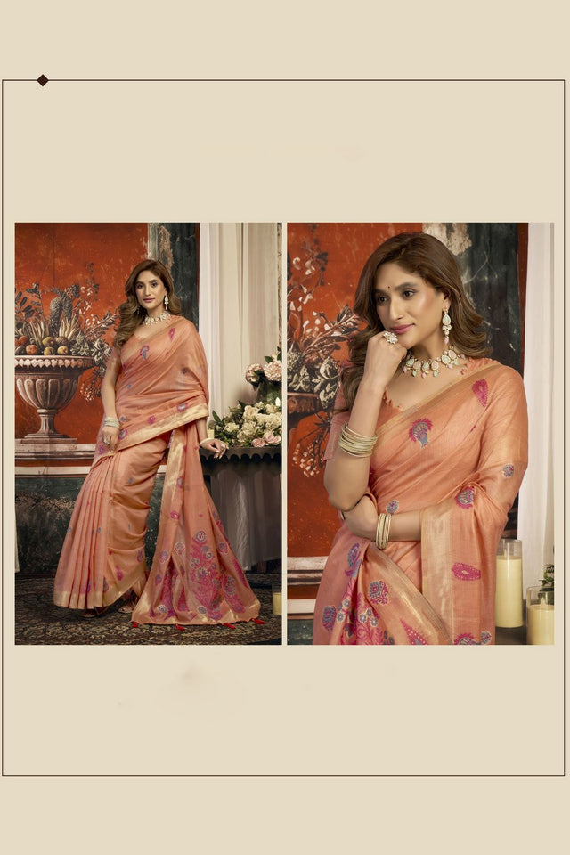 Peach Woven Cotton Saree (ACB2181)