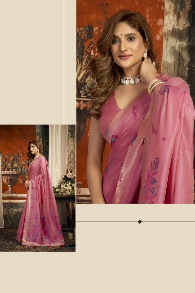 Pink Woven Cotton Saree (ACB2183)