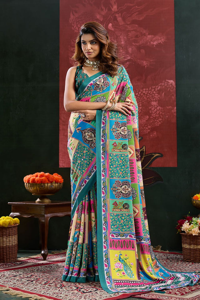 Blue Printed Crepe Saree (ACB2190)