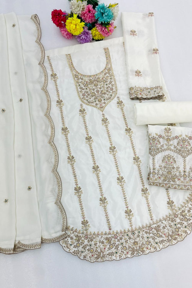White Floral Embroidered Chinon Palazzo Suit (ACB2193)