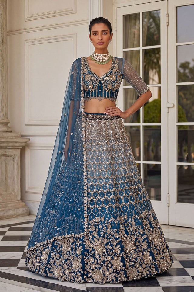 Turquoise Sequin with Embroidered Net Lehenga (ACB2196)