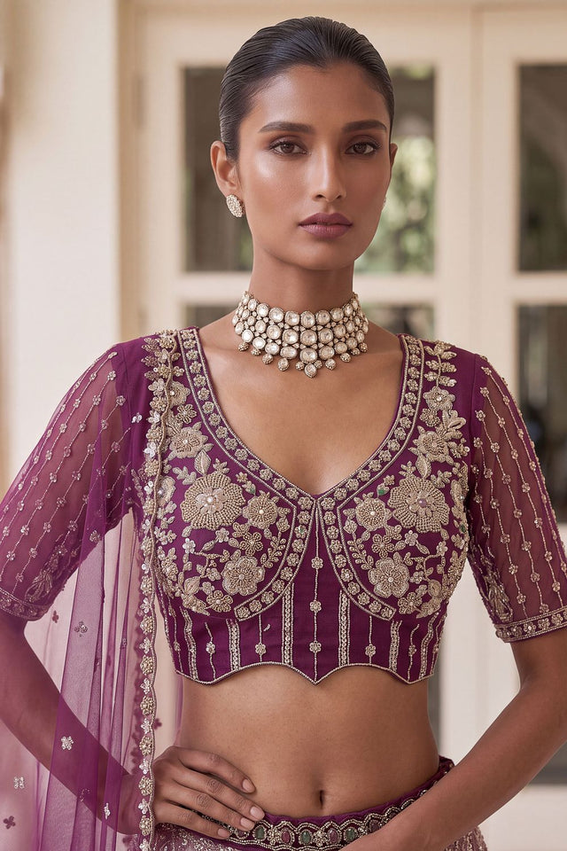 Wine Sequin with Embroidered Net Lehenga (ACB2197)