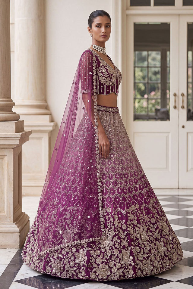Wine Sequin with Embroidered Net Lehenga (ACB2197)