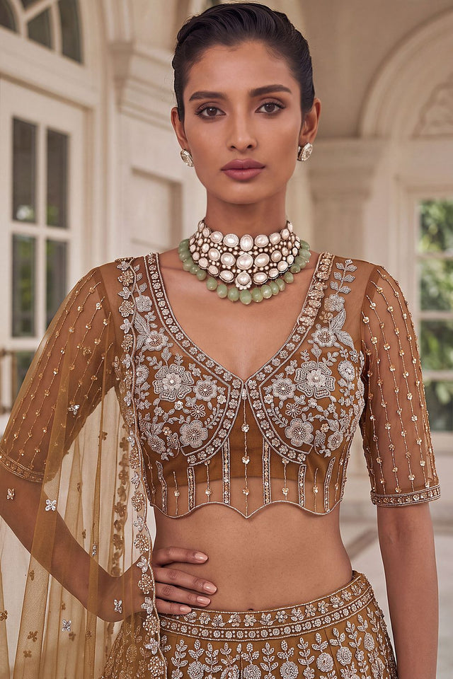 Rust Sequin with Embroidered Net Lehenga (ACB2198)