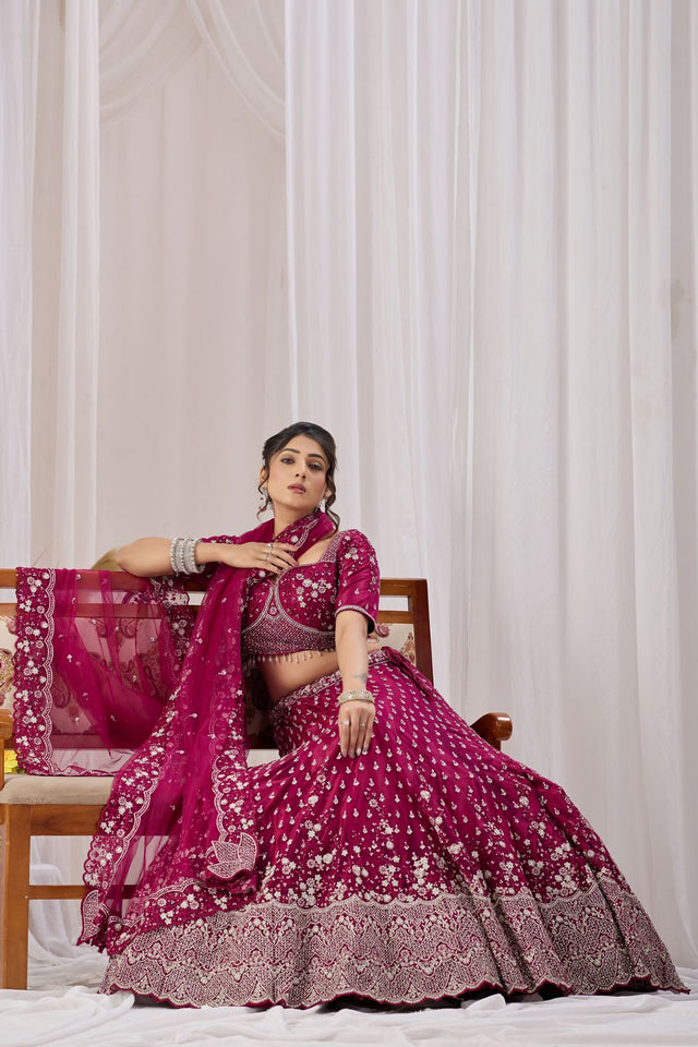 Magenta Floral Embroidered Net Lehenga (ACB2221)