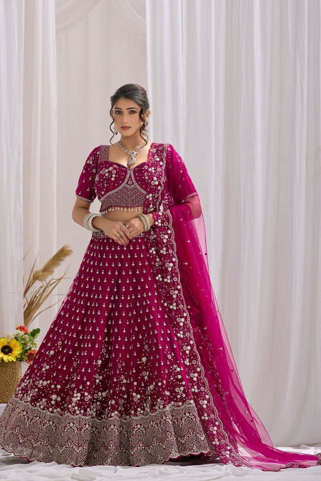 Magenta Floral Embroidered Net Lehenga (ACB2221)