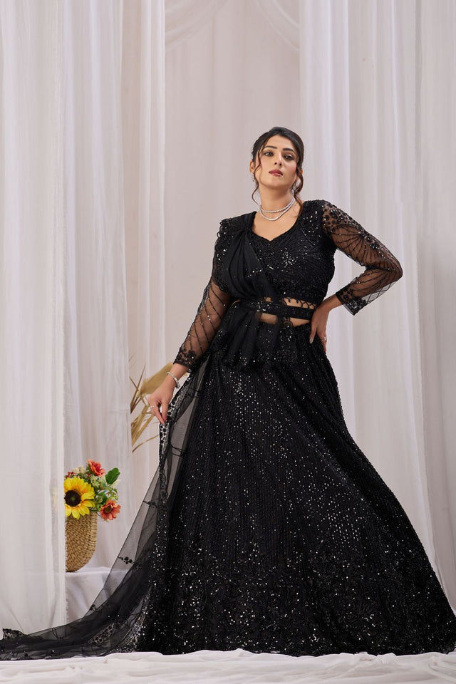 Black Sequin with Embroidered Net Lehenga (ACB2222)