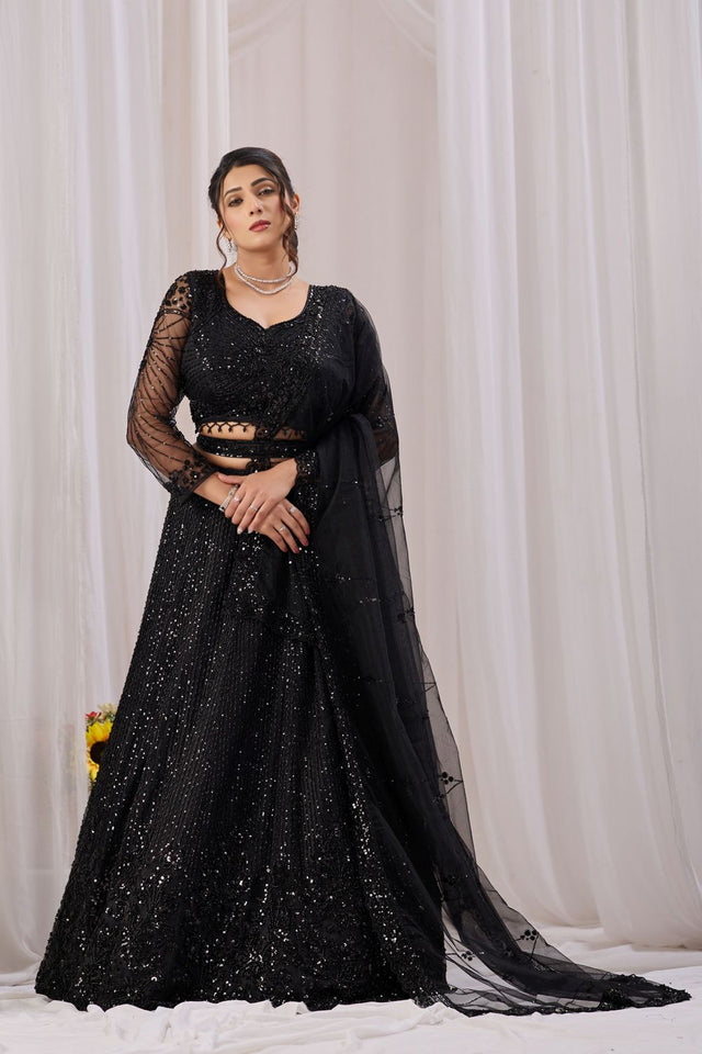 Black Sequin with Embroidered Net Lehenga (ACB2222)