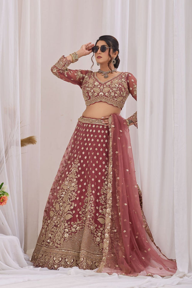 Pink Heavy Embroidered Net Lehenga (ACB2223)
