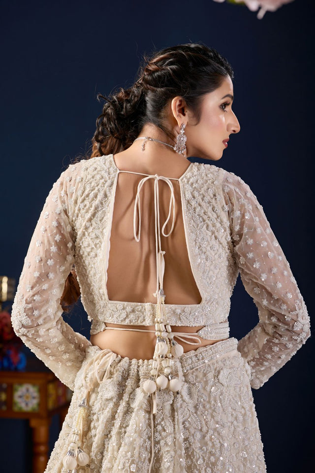 White Sequin with Floral Embroidered Net Lehenga (ACB2226)